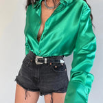 Single-breasted Long Sleeve Lapel Satin Blouse Shirt for work business office - EX-STOCK CANADA