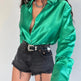 Single-breasted Long Sleeve Lapel Satin Blouse Shirt for work business office - EX-STOCK CANADA
