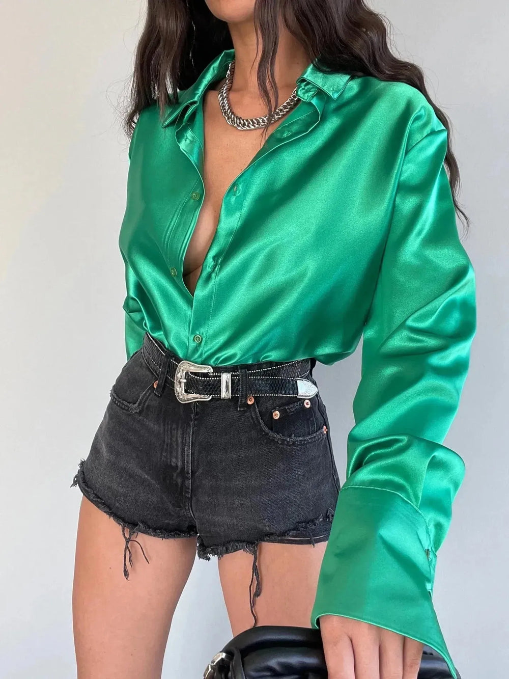 Single-breasted Long Sleeve Lapel Satin Blouse Shirt for work business office - EX-STOCK CANADA