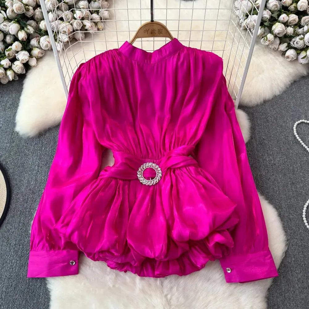 Elegant Luxury French Style High-grade waist belt lantern sleeve Niche Blouse top for Women - EX-STOCK CANADA
