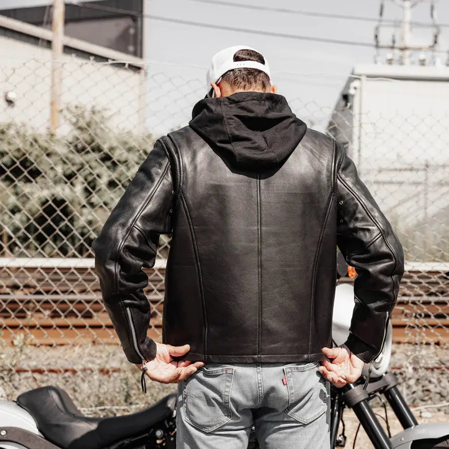 Chaqueta de motociclista de cuero con capucha para hombre Open RoadEX-STOCK Canada 