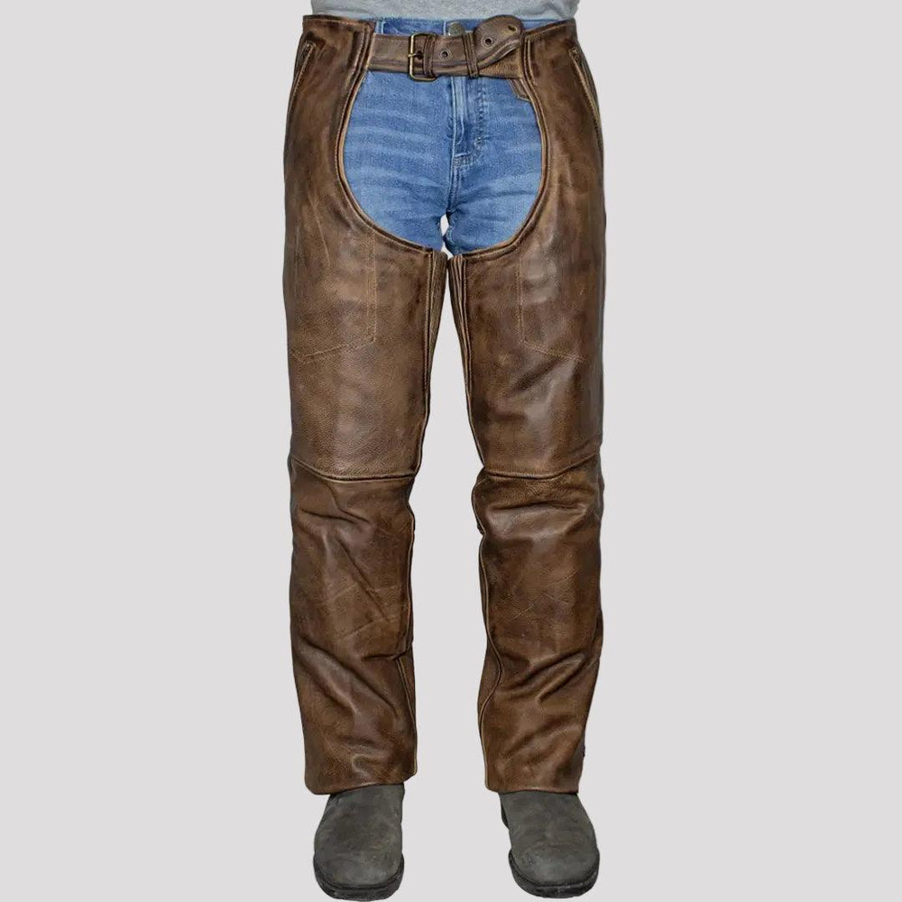 Open Road Men's Vintage Brown 4 Pocket Premium Leather Chaps 