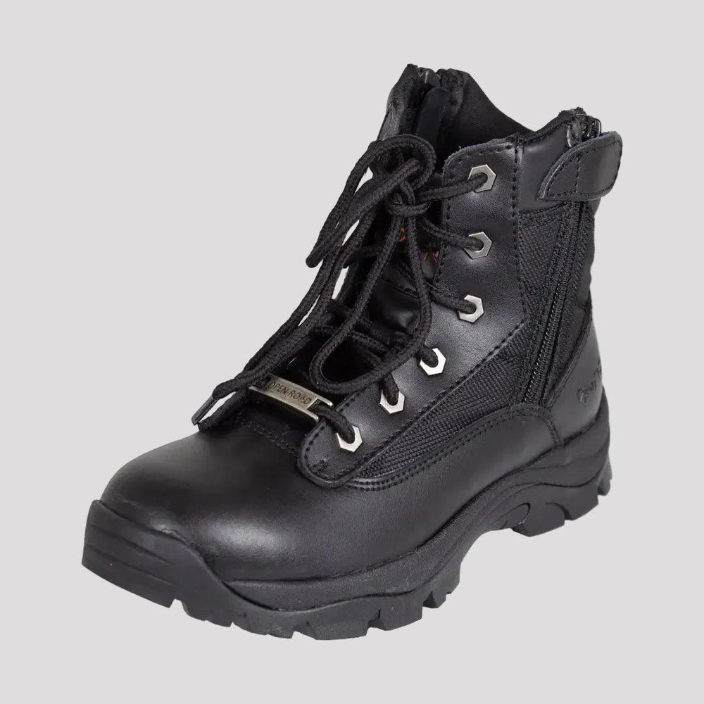 Open Road Women's Black Leather Tactical Lace-Up Boots with Side Zippers Entry 