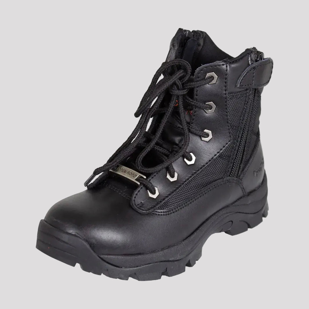 Bottes tactiques à lacets en cuir noir pour femmes Open Road avec fermeture éclair sur le côté 