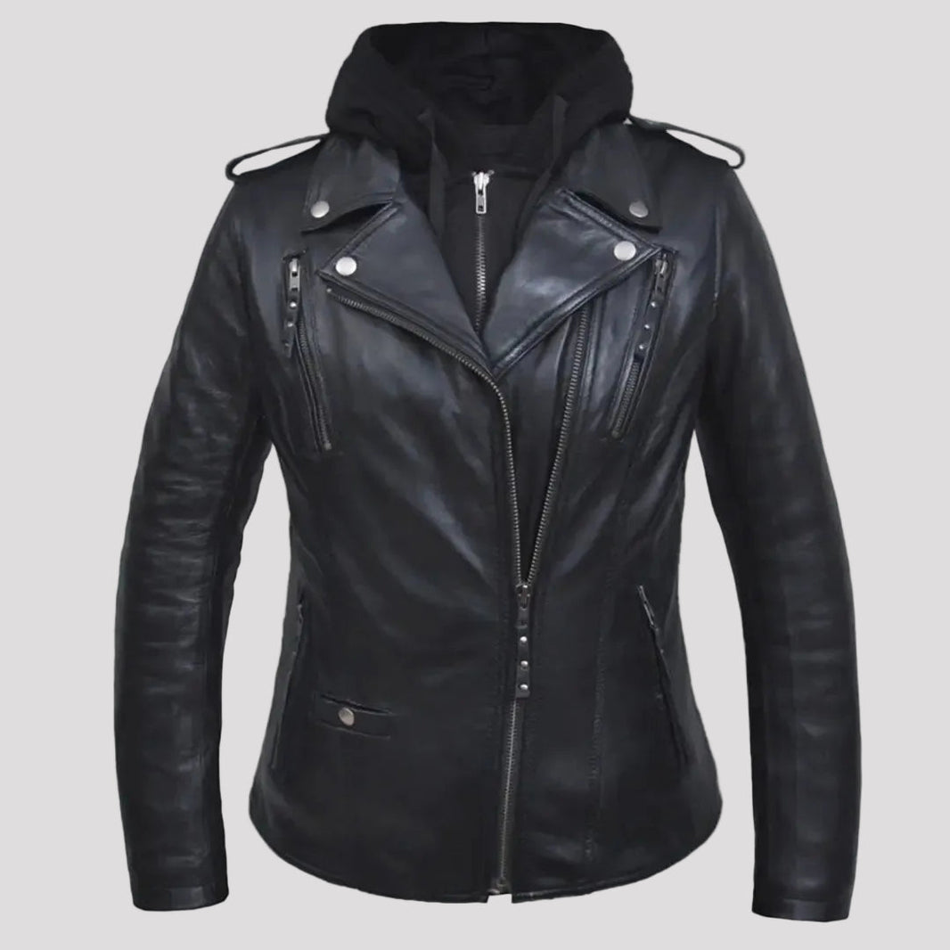Veste Moto Classique en Cuir à Capuche pour Femmes Open Road 