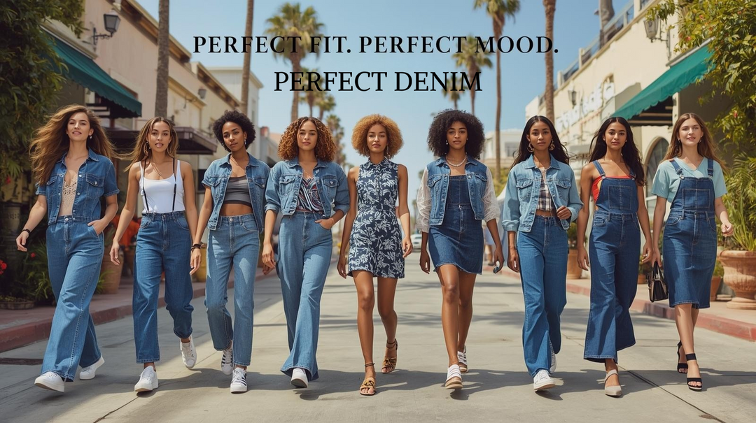 Group of women wearing various denim outfits walking together on a sunny day.