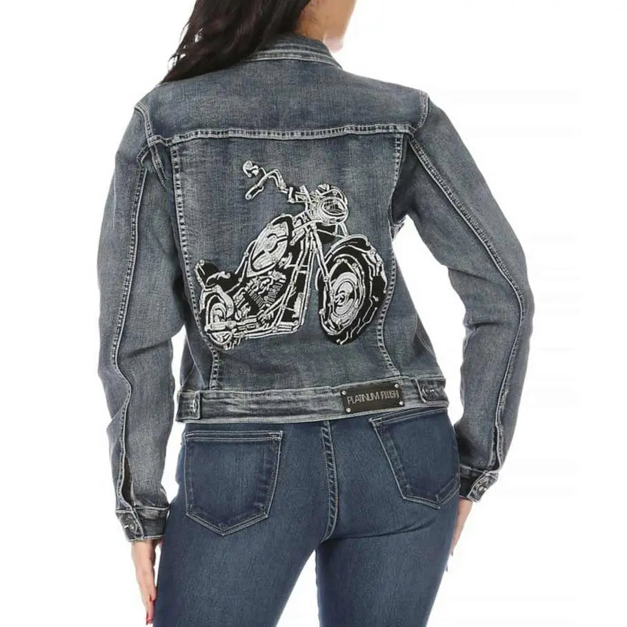 Chaqueta de mezclilla con gráfico de motocicleta para mujer Platinum PlushEX-STOCK Canada 