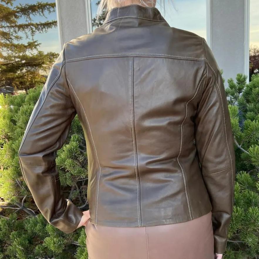 Chaqueta de cuero de cordero para mujer con cuello a presión de Plonge LeathersEX-STOCK Canada 