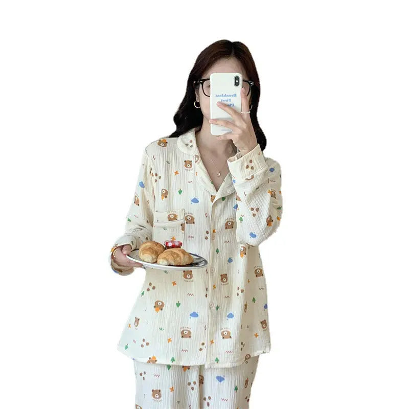 Pure Cotton Cartoon Long-sleeved Pajamas Set Letter Bear Homewear For Women - EX-STOCK Canada
