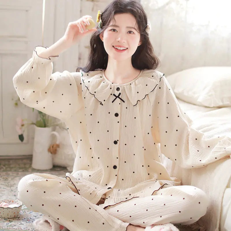Pure Cotton Gauze Pajamas For Women Sweet And Fresh Long Sleeves With Chest Pads - EX-STOCK Canada