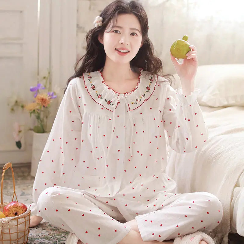 Pure Cotton Gauze Pajamas For Women Sweet And Fresh Long Sleeves With Chest Pads - EX-STOCK Canada