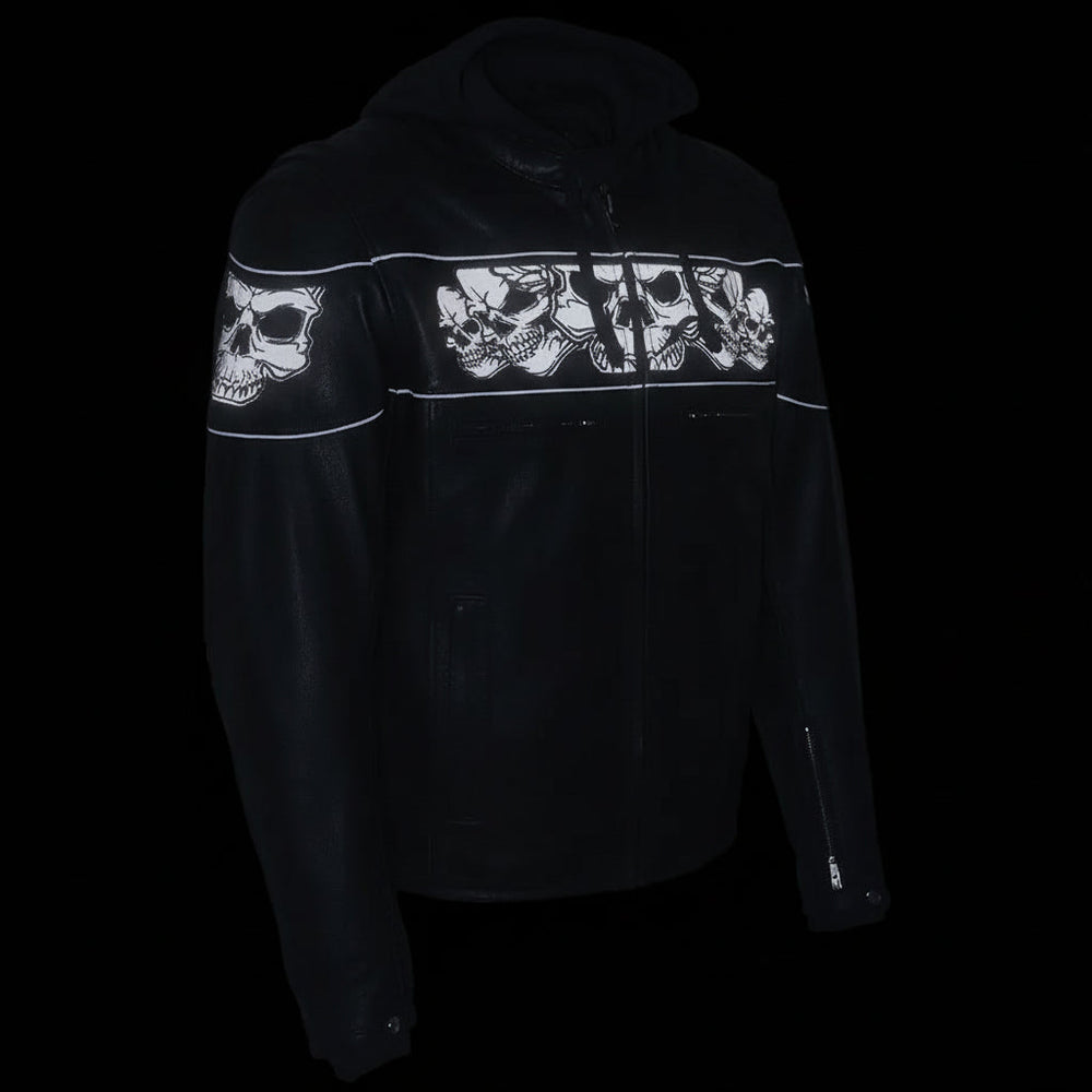 Milwaukee Leather Men's Crossover Scooter Jacket w/ Reflective Skulls & Full Sleeve Removable Hoodie 