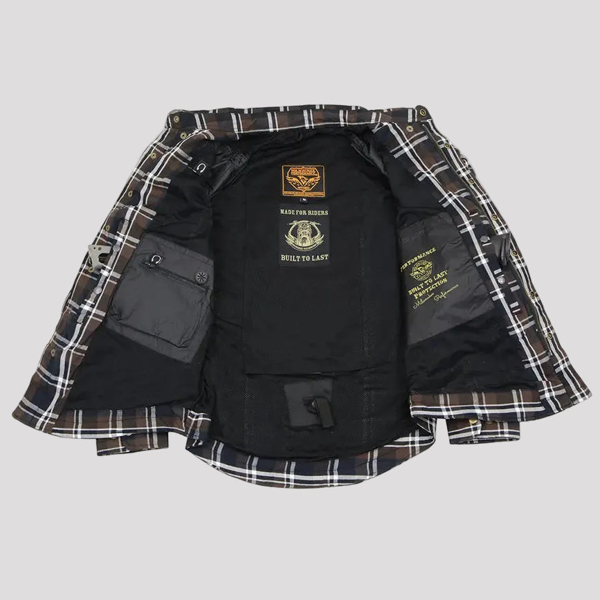 Milwaukee Leather Men's Brown Checkered Armored Flannel Biker Shirt with Reinforced Fibers 
