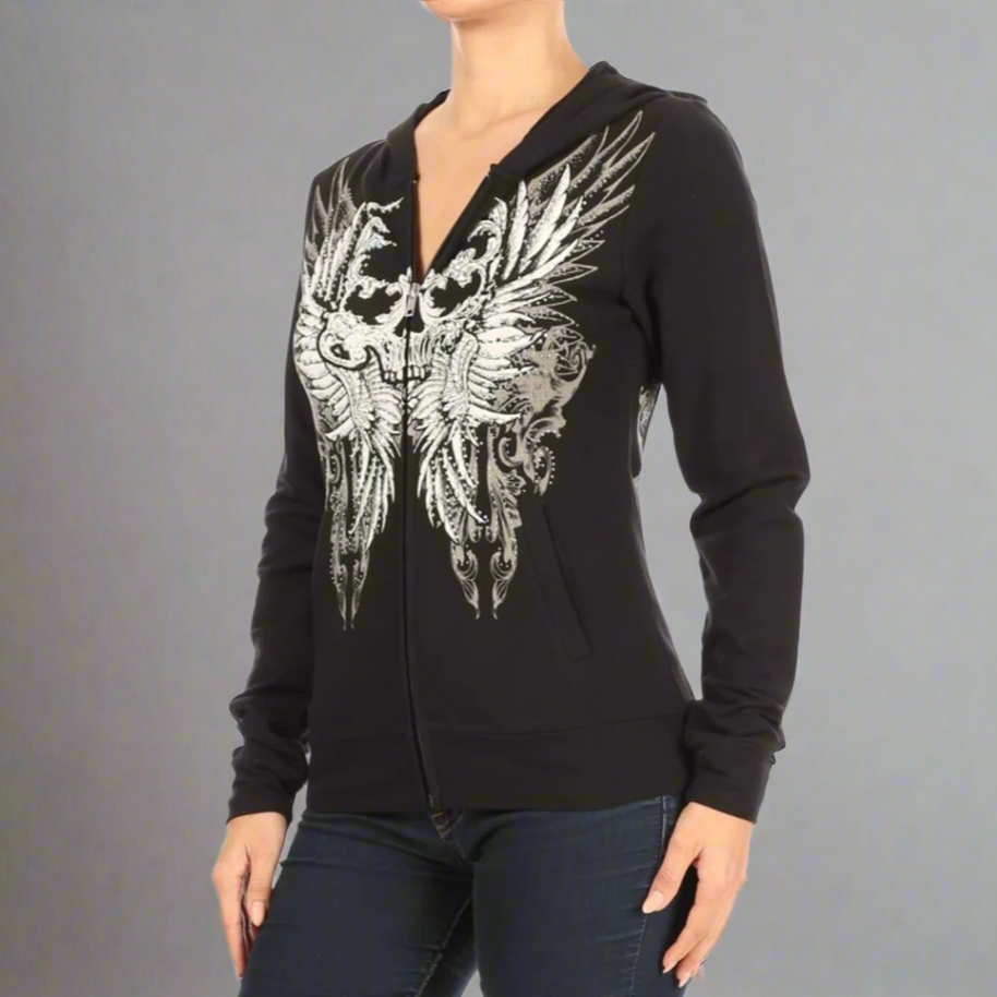 Women's Rhinestone Skull Wing Hoodie EX-STOCK Canada 