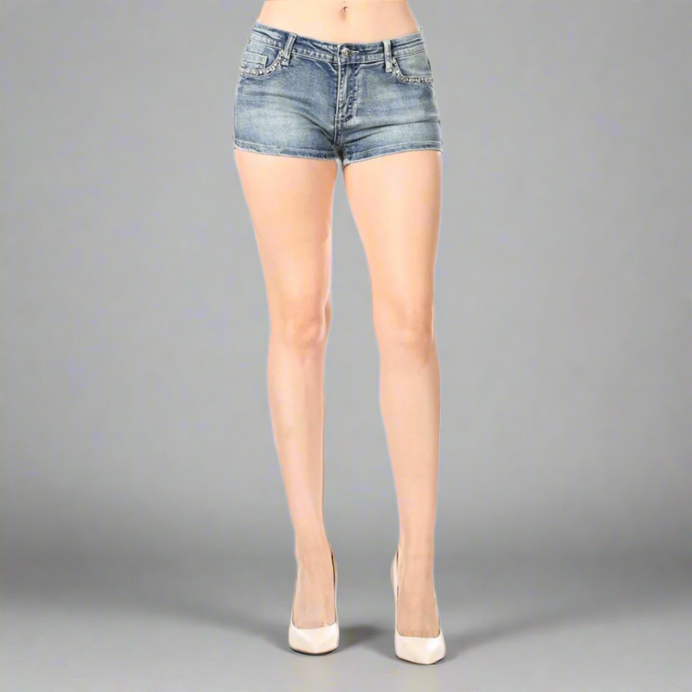 Shorts de mezclilla con alas de ángel de diamantes de imitación para mujer de Bus StopEX-STOCK Canada 