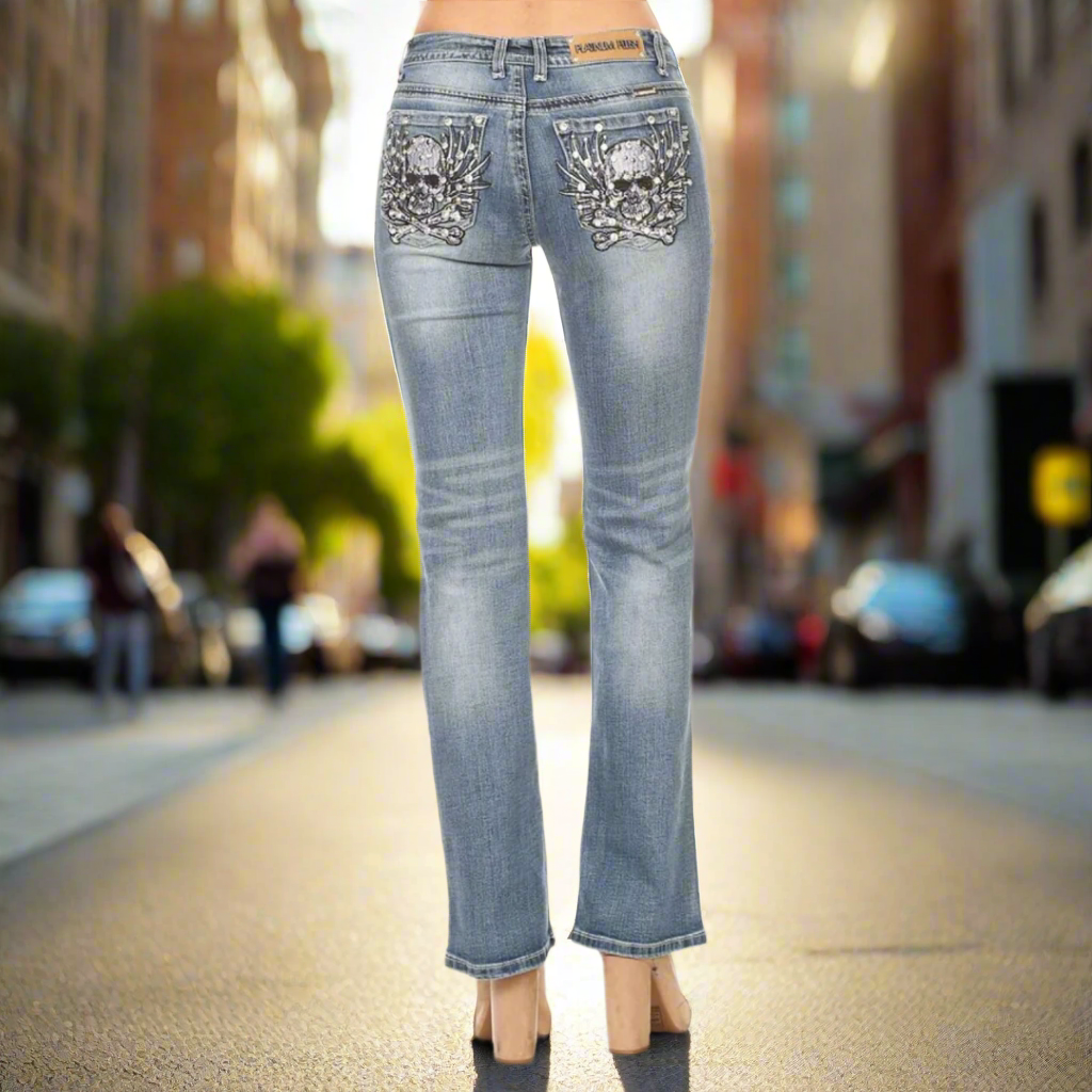 Jeans acampanados para mujer Platinum Plush con calavera y huesos de piedras brillantesEX-STOCK Canada 
