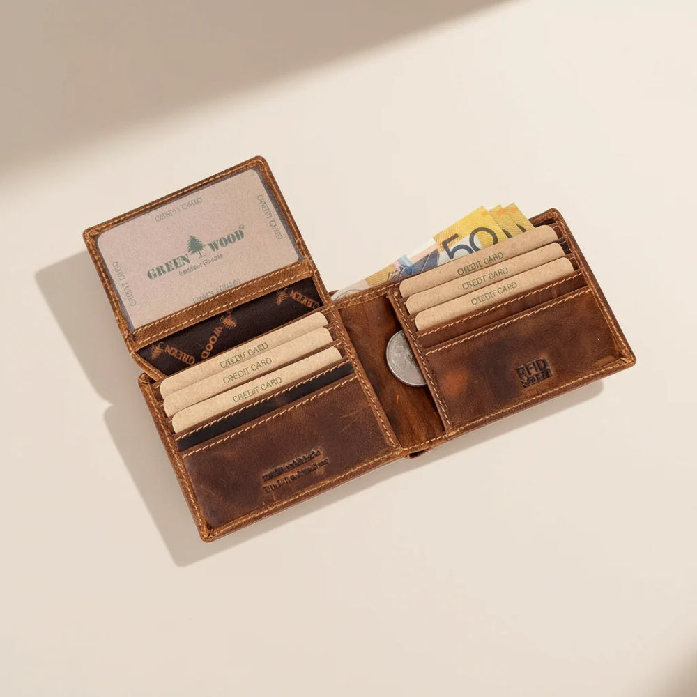 Cartera Bifold de Cuero para Hombre Greenwood. Cartera premium con protección RFID y compartimento abatibleEX-STOCK Canada 