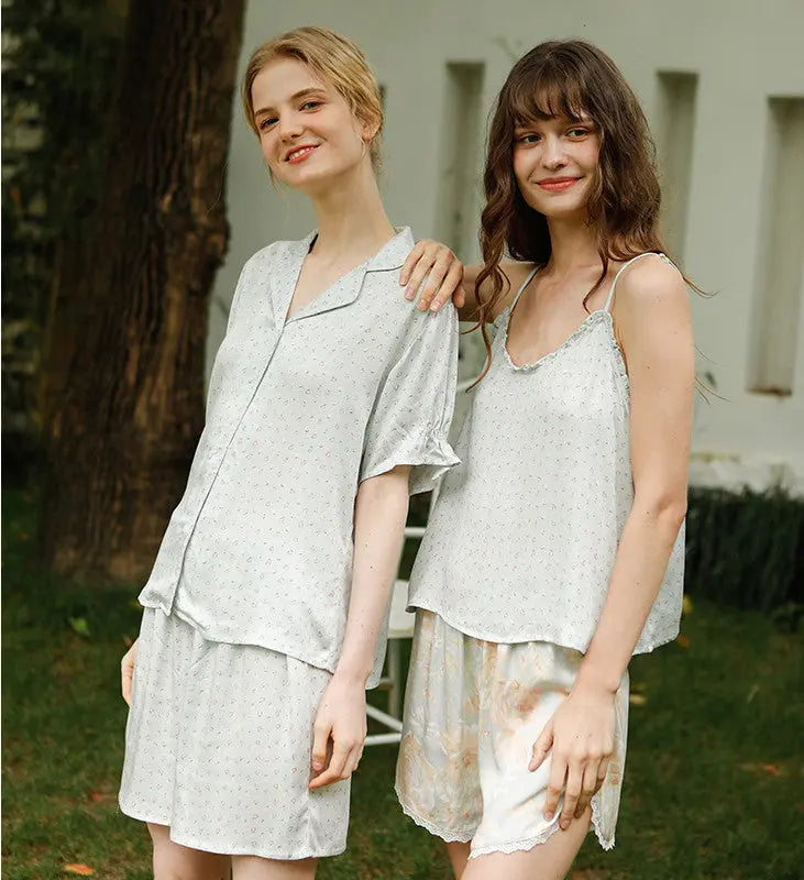 Small Green Flower Bud Sling Short Sleeve Suit Pajamas For Women - EX-STOCK Canada