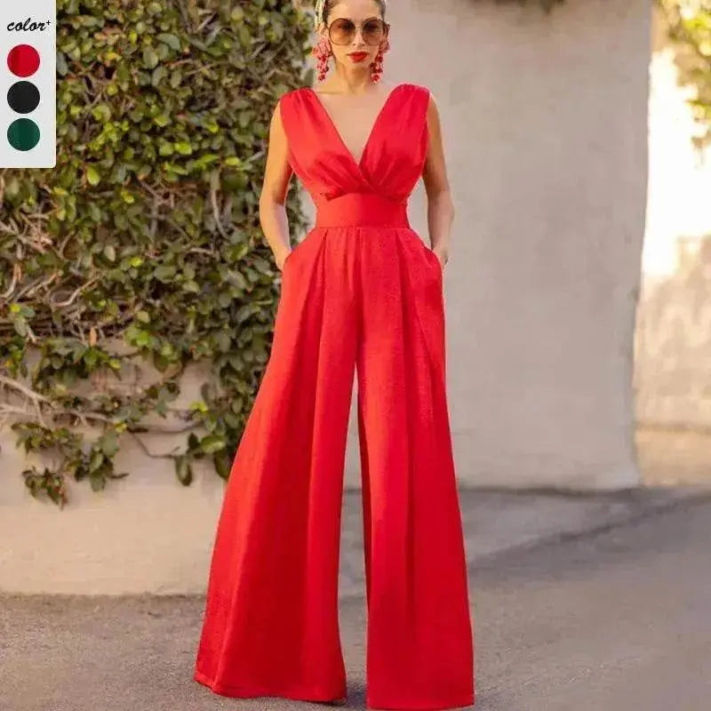 Solid Color And V-neck High Waist Wide Leg Jumpsuit - EX-STOCK Canada