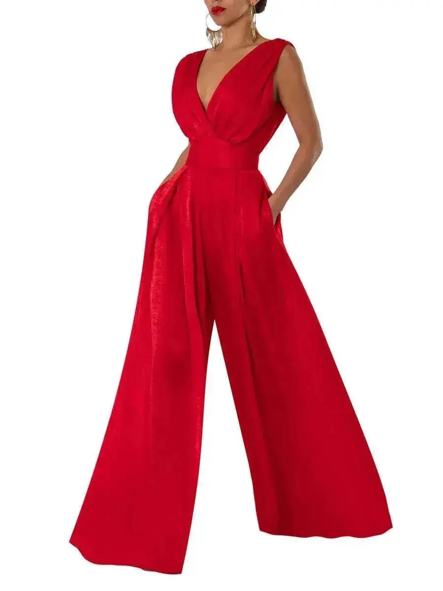Solid Color And V-neck High Waist Wide Leg Jumpsuit - EX-STOCK Canada