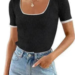 Square Collar Basic Short Sleeve Casual All-matching T-shirt Tops - EX-STOCK Canada