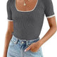 Square Collar Basic Short Sleeve Casual All-matching T-shirt Tops - EX-STOCK Canada