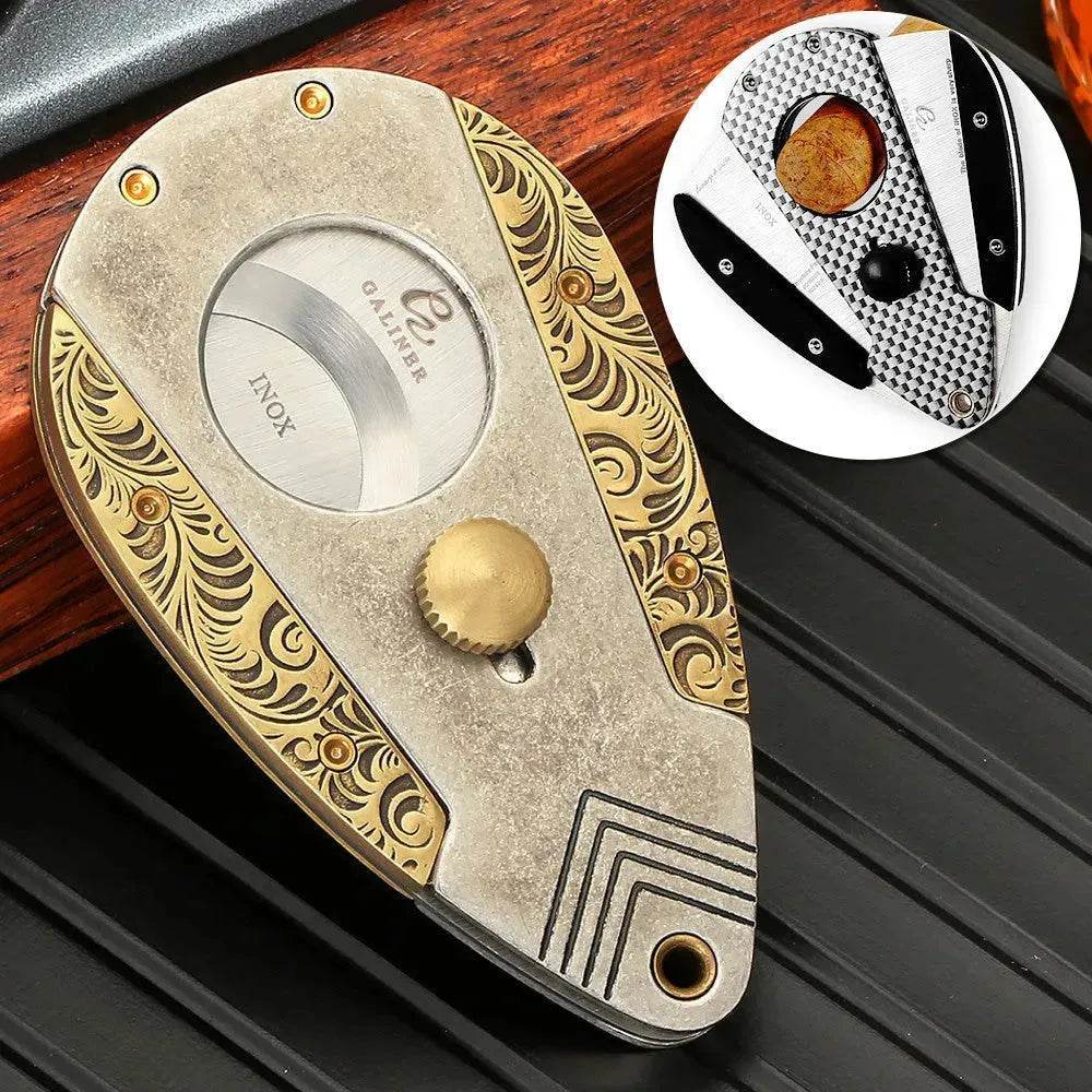 Solid Brass Engraved Double-edged Cigar Cutter with Leather Holster