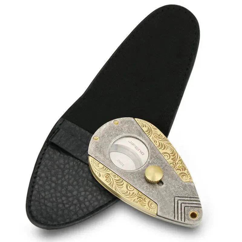 Solid Brass Engraved Double-edged Cigar Cutter with Leather Holster