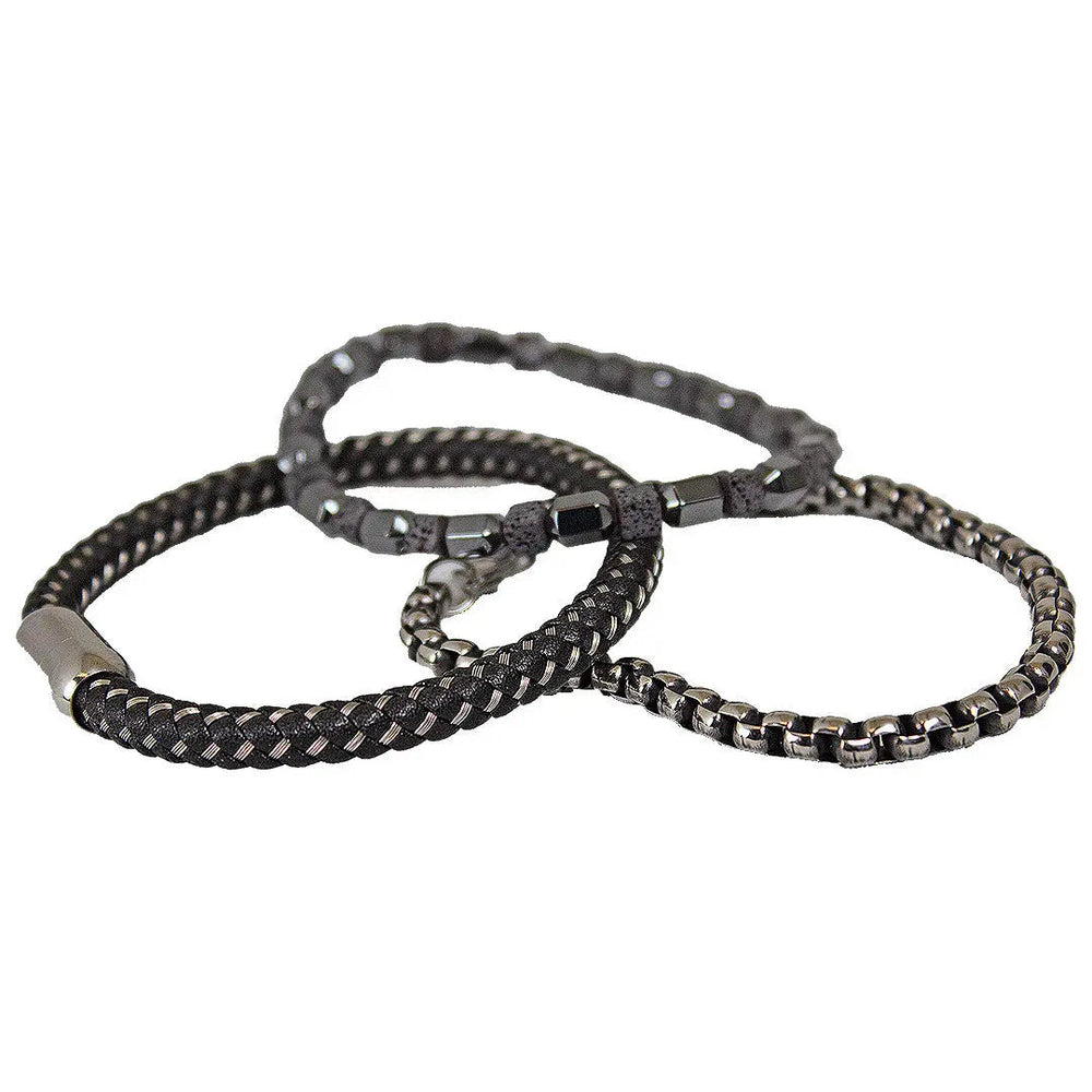 SteelTime Men's Black Leather and Stainless Steel Bracelets with Haematite and Lava Stone EX-STOCK Canada 
