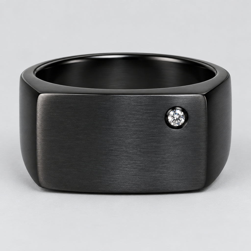 SteelTime Men's Black Stainless Steel Signet Ring with Stone Detail 
