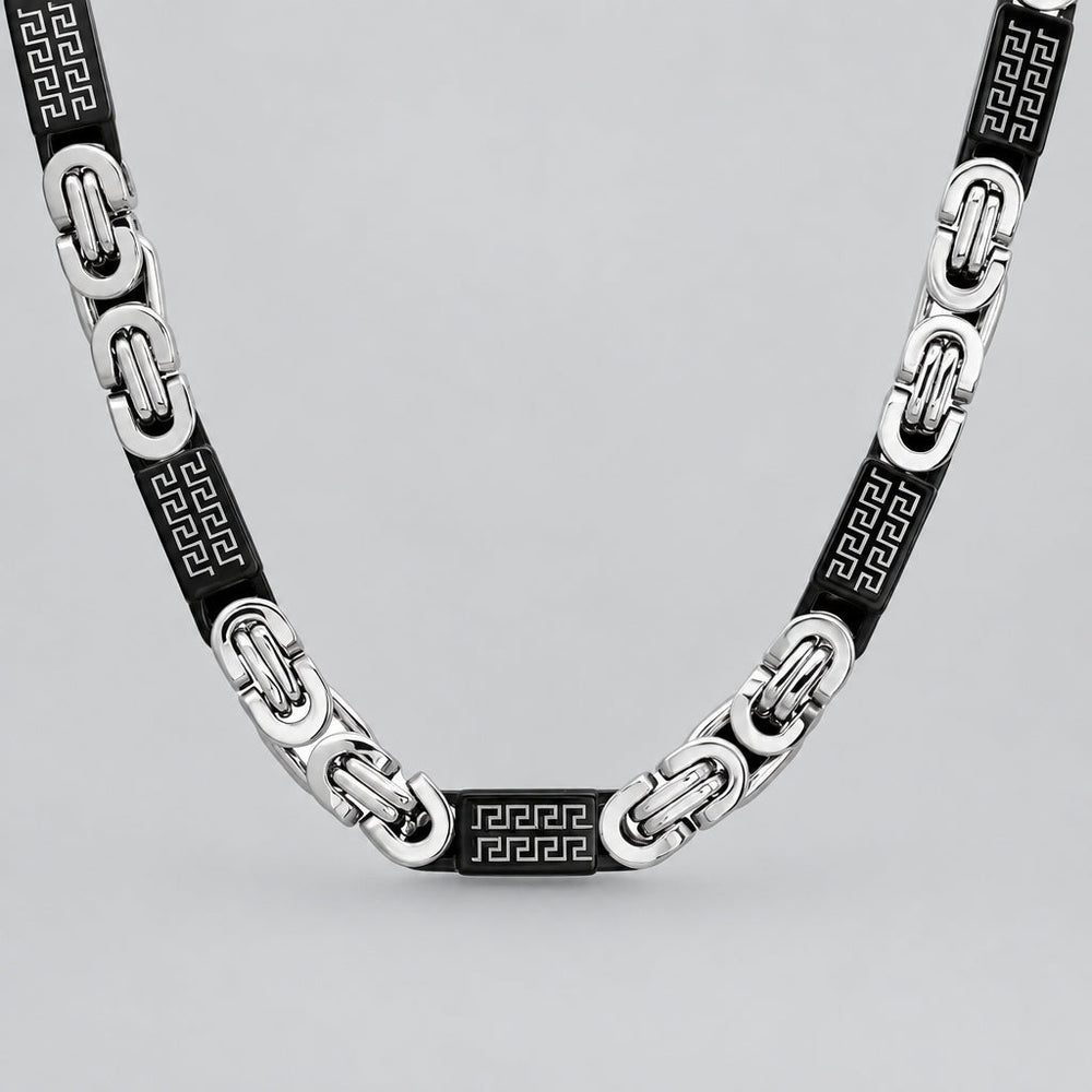 SteelTime Men's Two Tone Stainless Steel and Black IP Byzantine Necklace with Greek Key Accents 