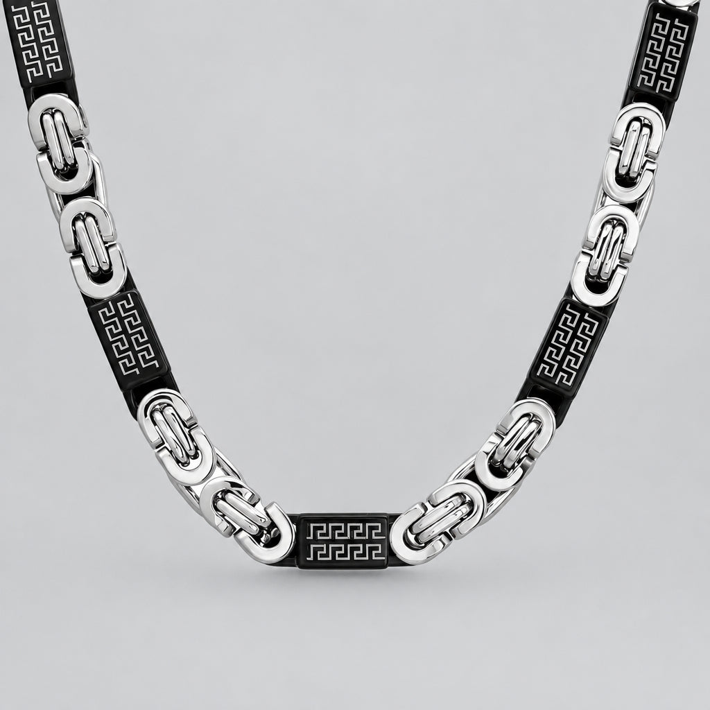 SteelTime Men's Two Tone Stainless Steel and Black IP Byzantine Necklace with Greek Key Accents 