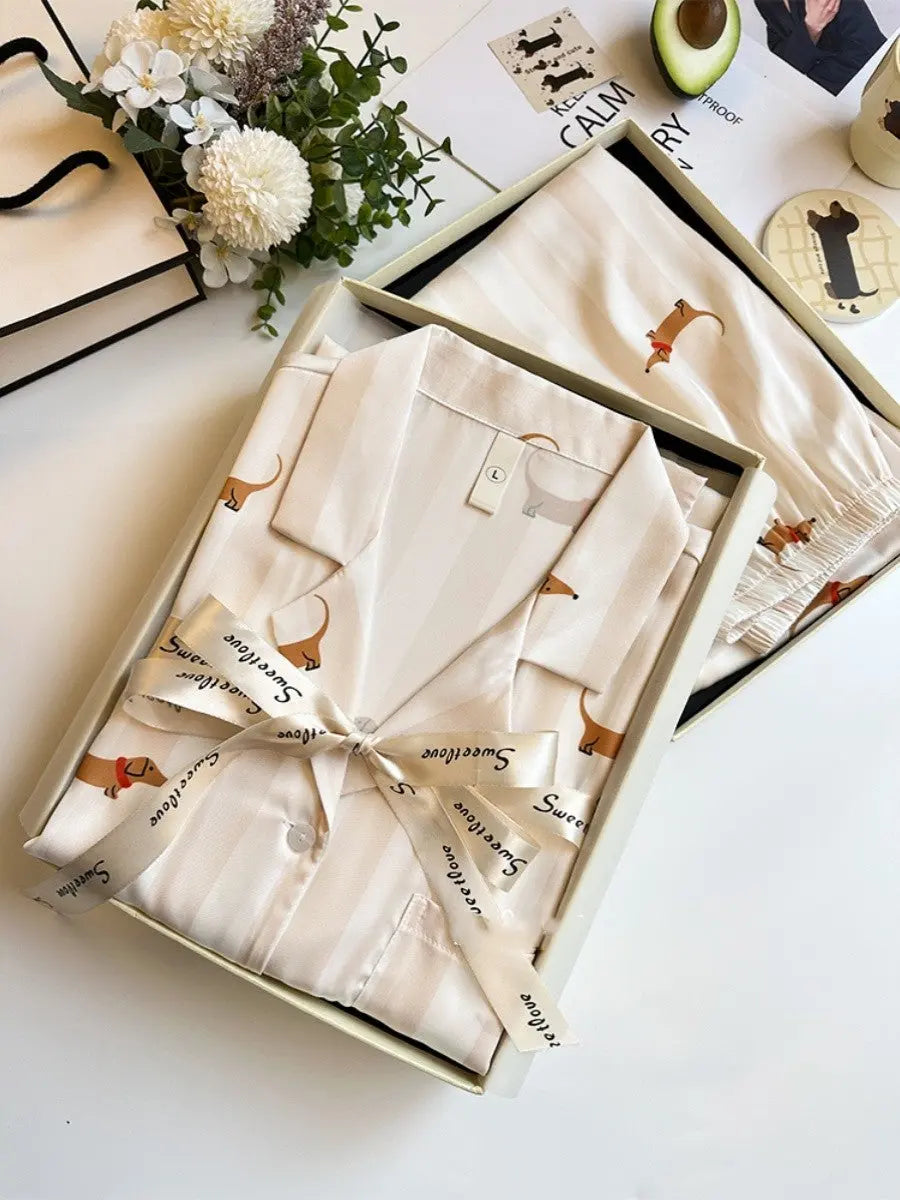 Striped Sausage Dog Pajamas For Women Simple Homewear - EX-STOCK Canada