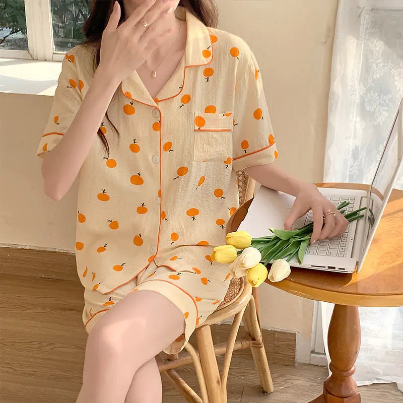 Summer Japanese Bubble Cotton Cute Orange Pajamas For Women - EX-STOCK Canada