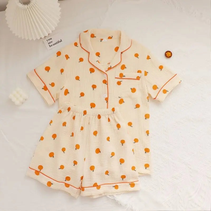 Summer Japanese Bubble Cotton Cute Orange Pajamas For Women - EX-STOCK Canada