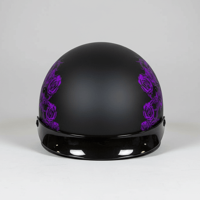 Casque demi-visage VOSS 707FRP noir Crâne et Rose avec visière 