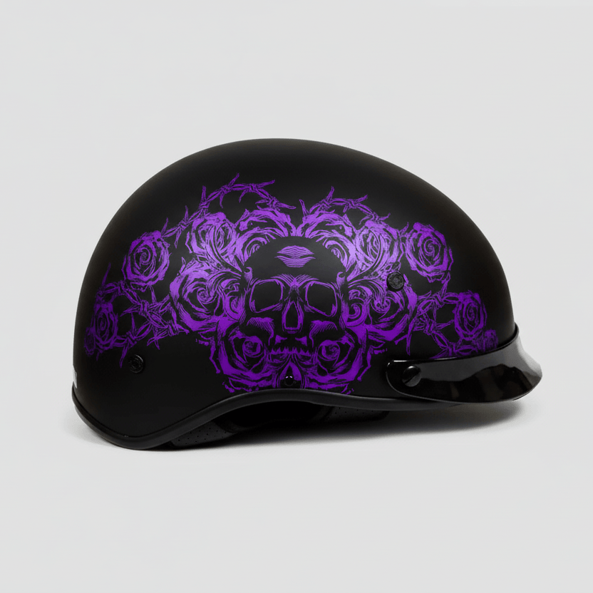 Casque demi-visage VOSS 707FRP noir Crâne et Rose avec visière 