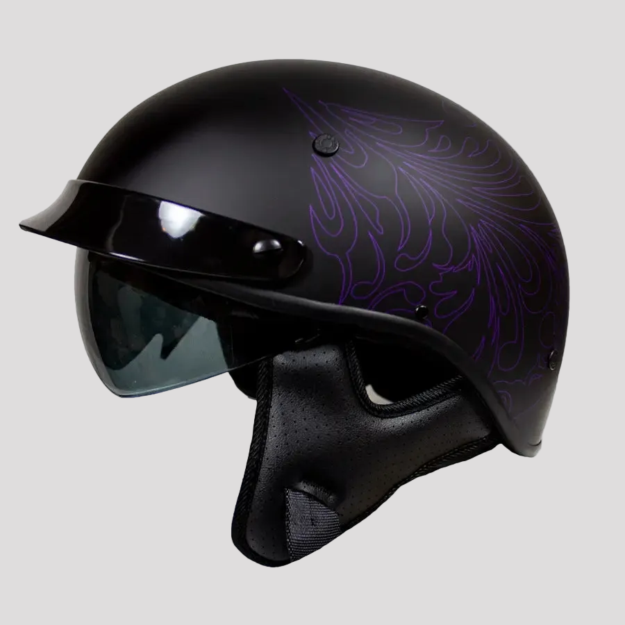 Casque demi-jet VOSS 707FRP violet à motif paisley avec visière 