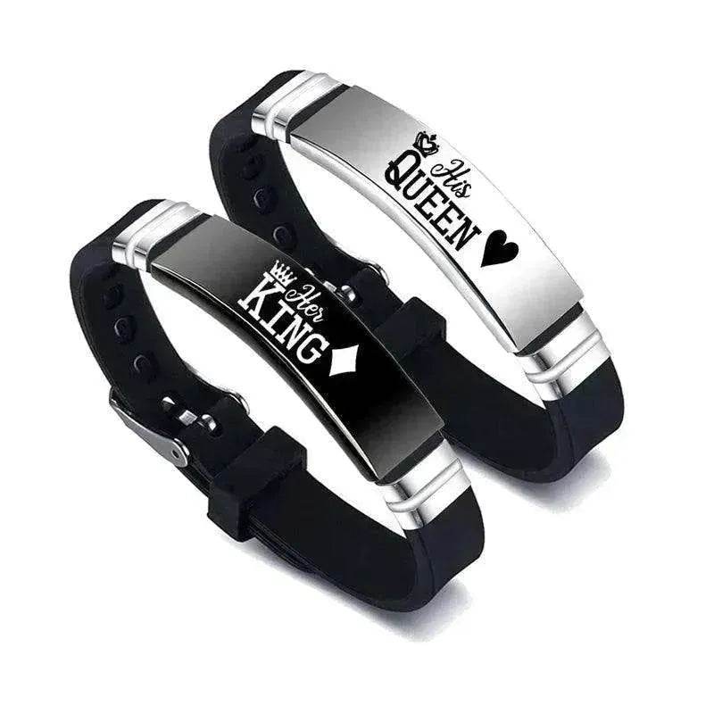 Valentine's Day Black Silver Her King His Queen Couple Bracelets - EX-STOCK Canada