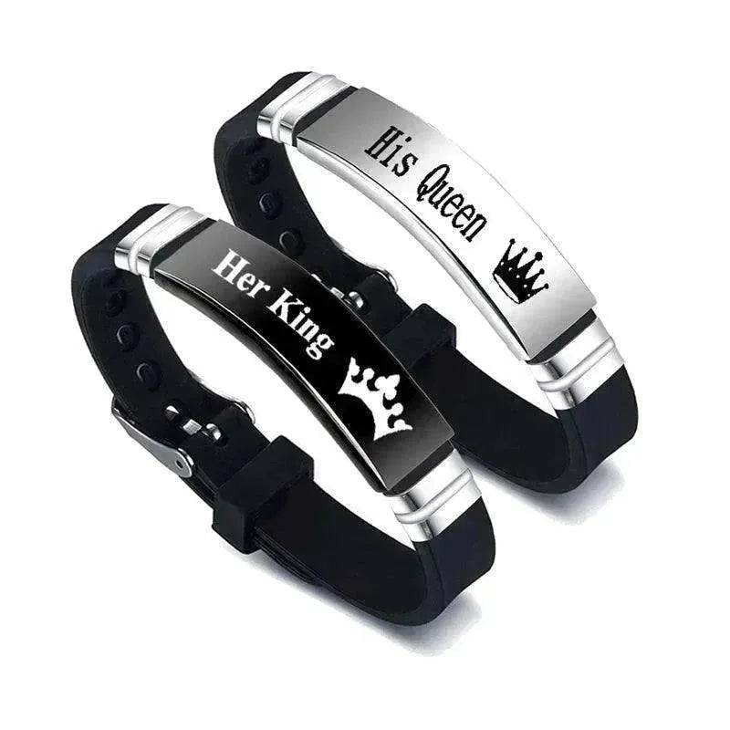 Valentine's Day Black Silver Her King His Queen Couple Bracelets - EX-STOCK Canada