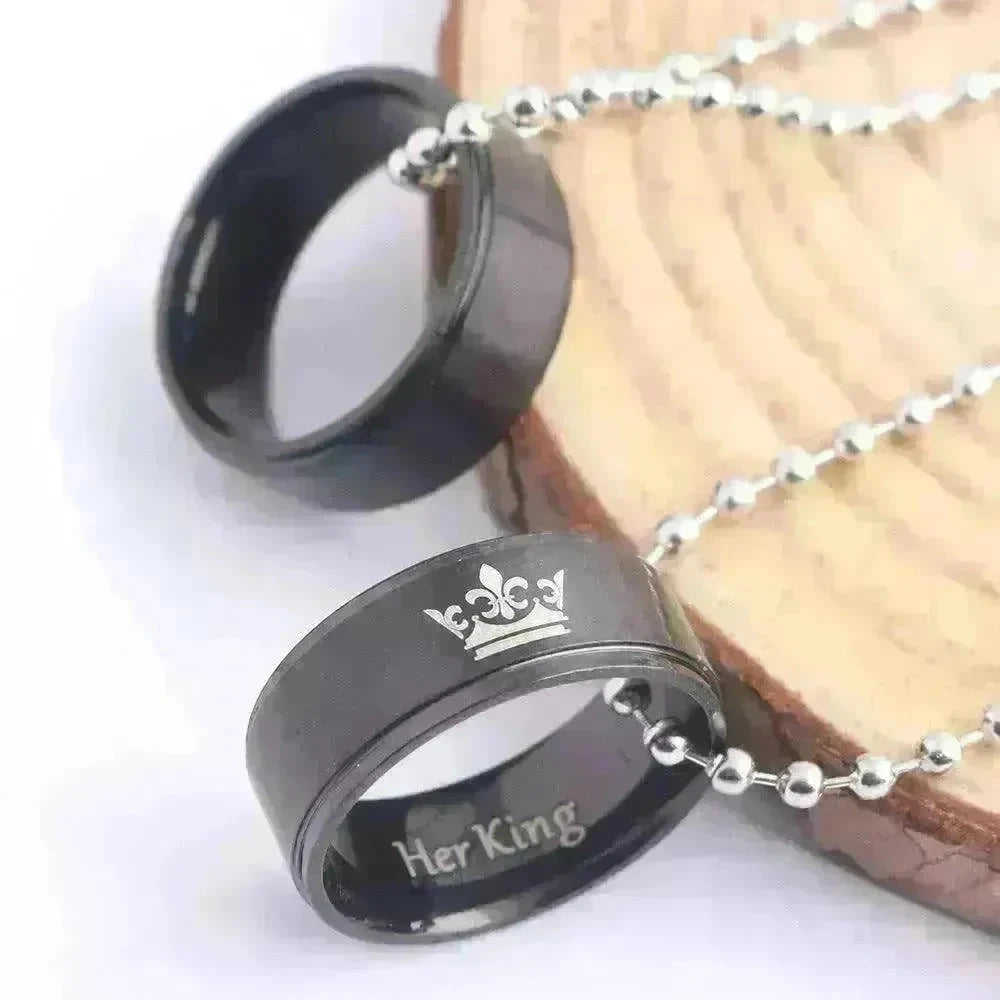 Valentine's Day Simple Crown Her King His Queen Couple Ring Pendant Necklace - EX-STOCK CANADA