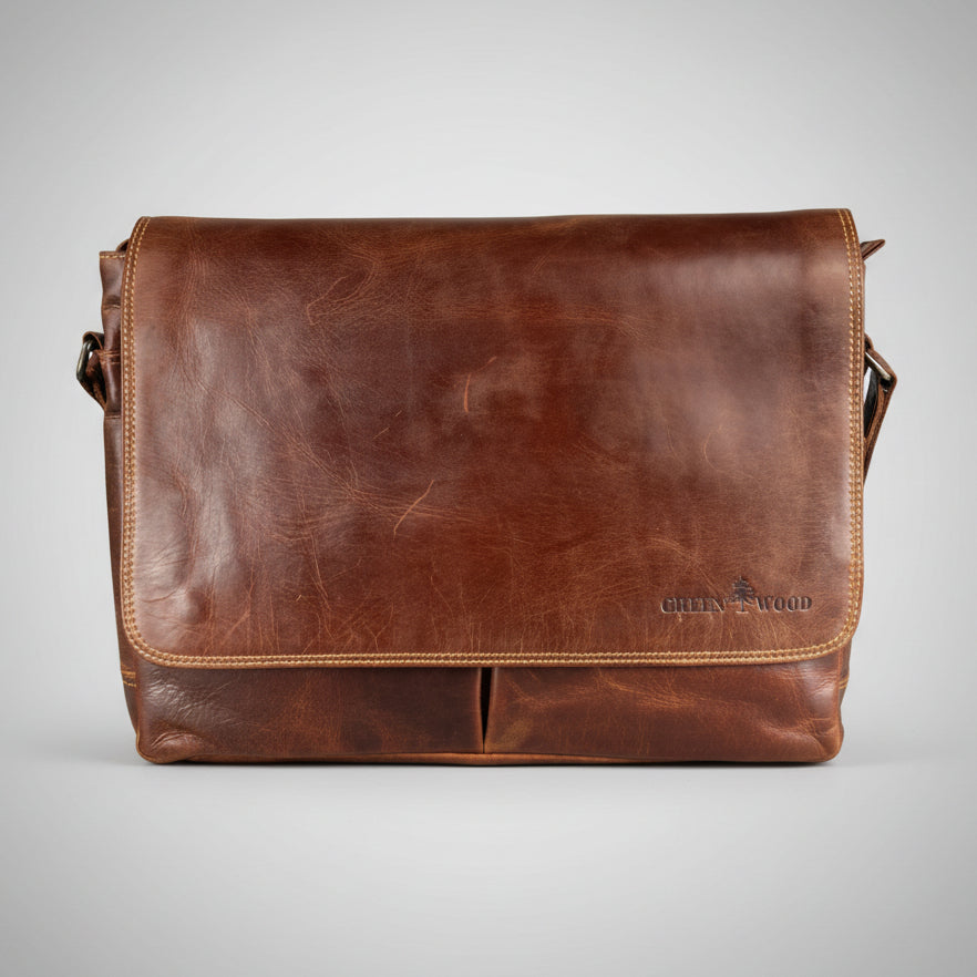 Greenwood Leather Laptop Bag. Premium Waxed Full-Grain Leather Briefcase for 16" Laptops 