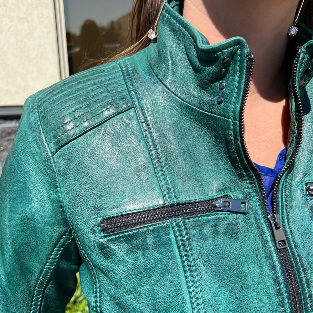 Women's Classic Lamb Leather Jacket. Round Collar with Studs, 4 Zippered Pockets & Shoulder Accent Stitching 