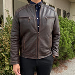Men's Lamb Leather Jacket. Brown Vintage Style with Zip Pockets EX-STOCK Canada 
