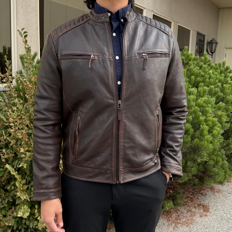 Veste en cuir d'agneau pour homme. Style vintage marron avec poches zippéesEX-STOCK Canada 