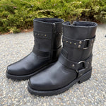 Women's Motorcycle Biker Leather Boots. Black Cowhide with Studded Straps & Side Zip EX-STOCK Canada 