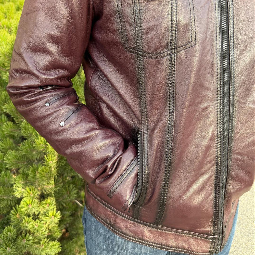 Chaqueta de cuero de oveja para hombre con cuello de piel desmontableEX-STOCK Canada 