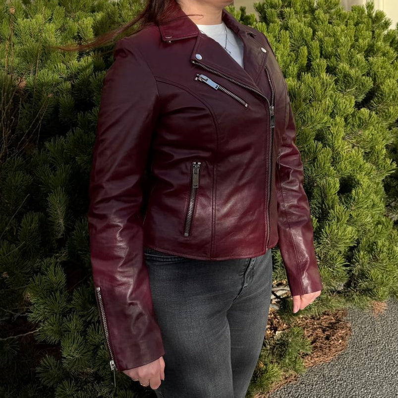 Women's Premium Lamb Leather Moto Jacket with Asymmetrical Zippers 