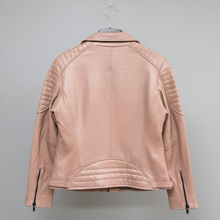 Chaqueta de cuero de cordero para mujer tipo biker con hombros acolchados y acanaladosEX-STOCK Canada 