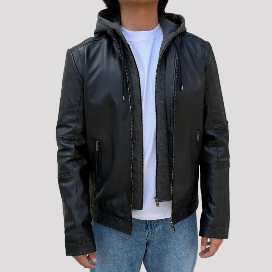 Men's Lamb Leather Hoodie Jacket with Detachable Hood 